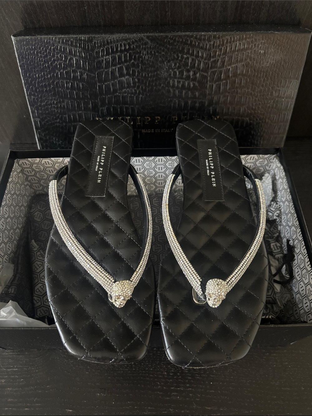 Philipp Plein Black Quilted Crystal-Embellished Thong Sandals